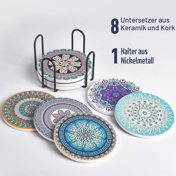Newk Untersetzer für Getränke, Set mit 8 saugfähigen Keramikuntersetzern mit Metallhalter, helle Bun