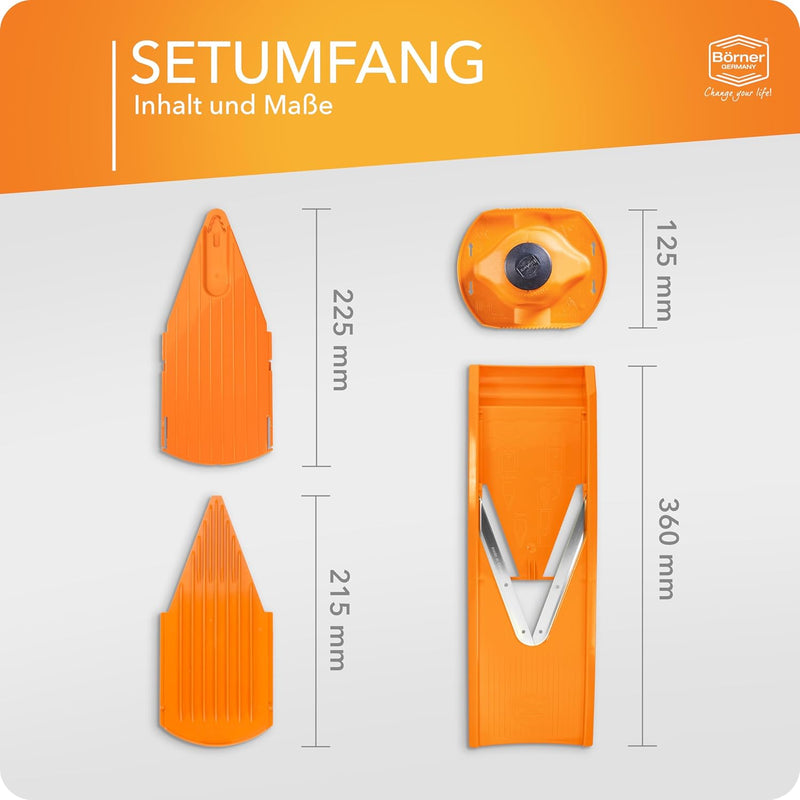 Börner Gemüsehobel V1 ClassicLine Basis-Set (4-tgl.) • V-Hobel Klassiker + Fruchthalter + Scheiben u