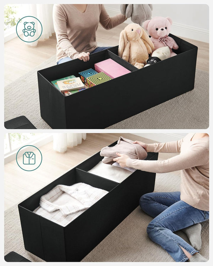 SONGMICS 110 cm Sitzbank mit Stauraum, klappbare Sitztruhe, Aufbewahrungsbox, Fussbank, basisschwarz
