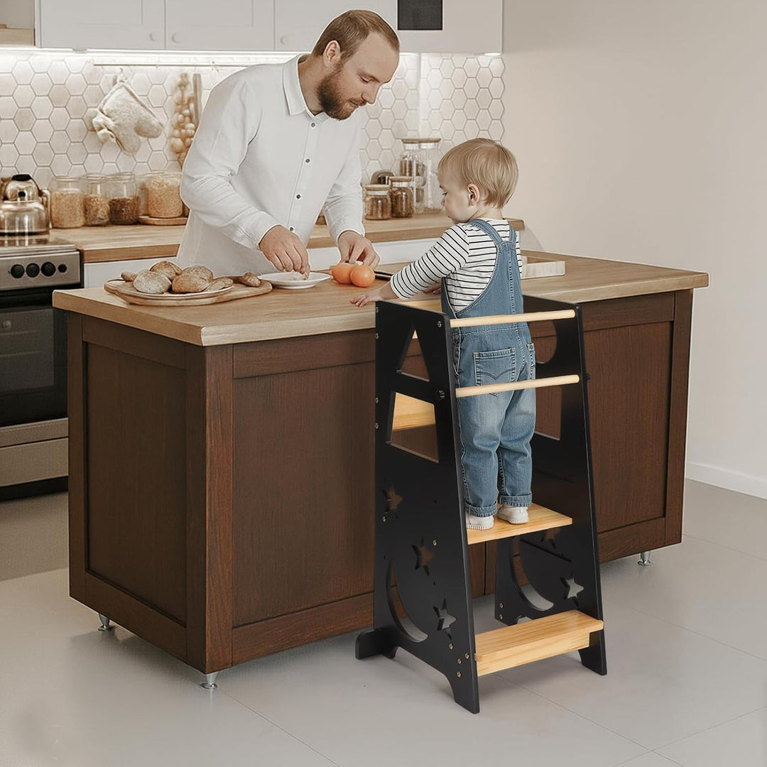 LEADZM Lernturm ab 1 Jahr，Learning Tower，3-Stufige Höhenverstellung aus Holz，mit Anti-Rutsch-Streife