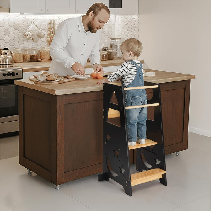 LEADZM Lernturm ab 1 Jahr，Learning Tower，3-Stufige Höhenverstellung aus Holz，mit Anti-Rutsch-Streife