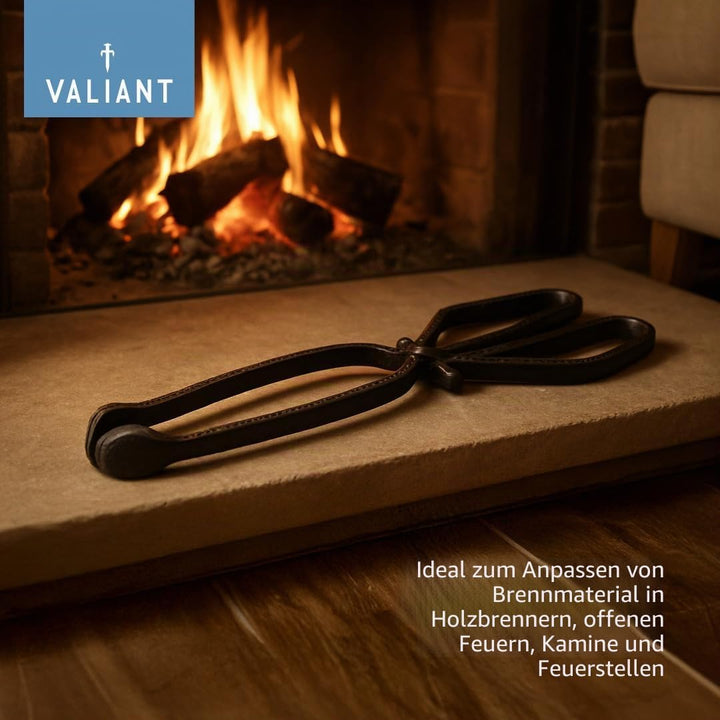 Valiant Robuste Gusseisen-Holz- und Kohlezange | 34 cm Weitwinkel-Kamin, Herd & Feuerstelle, Schwarz