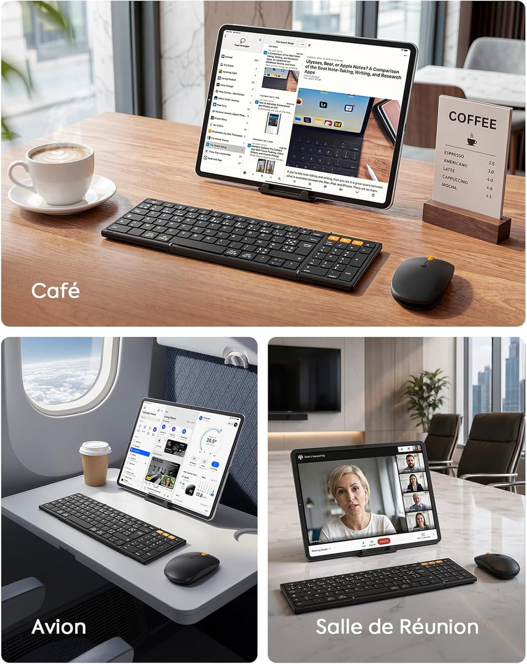 MoKo Zusammenklappbares kabelloses Tastatur- und Maus-Set, tragbare AZERTY-Bluetooth-Tastatur mit Zi