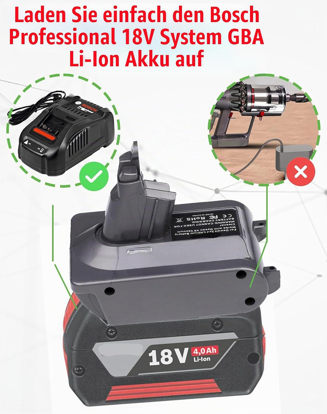 Universal V6 Akku-Adapter für Dyson, kompatibel mit Bosch Professional 18V GBA System Akku, Mehrzwec