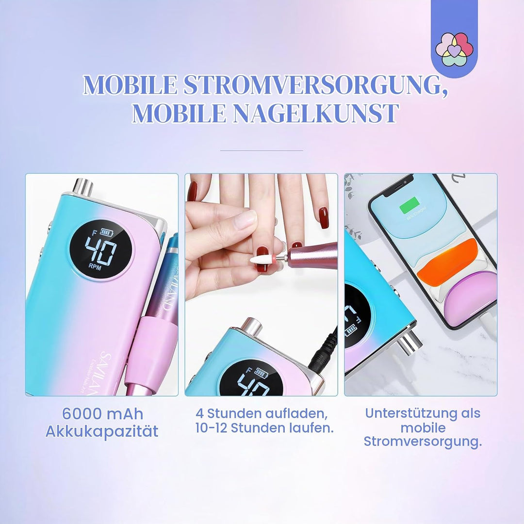 Saviland Elektrische Nagelfräser für Gelnägel Professional: 40000 U/min Nagelfeile Set für Acrylnäge