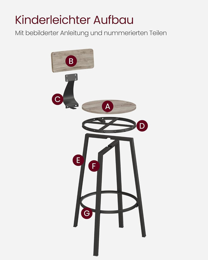 VASAGLE Barhocker, 2er Set, Barstuhl, Küchenstuhl mit Metallgestell, Sitzhöhe 73 cm, einfache Montag