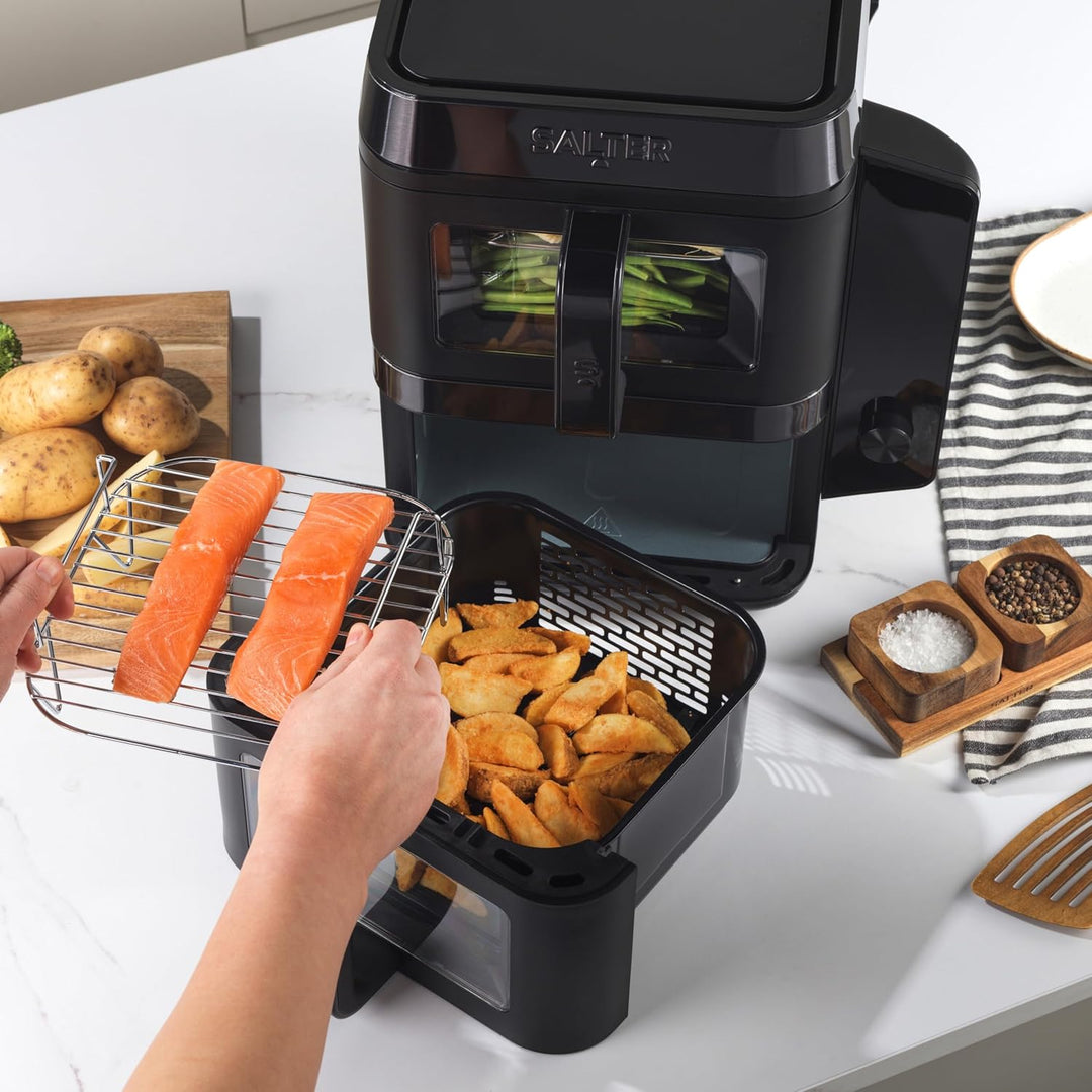 Salter VertiCook View Heissluftfritteuse - Vertikale Doppelschublade, Kochen auf 4 Ebenen, 9L Kapazi