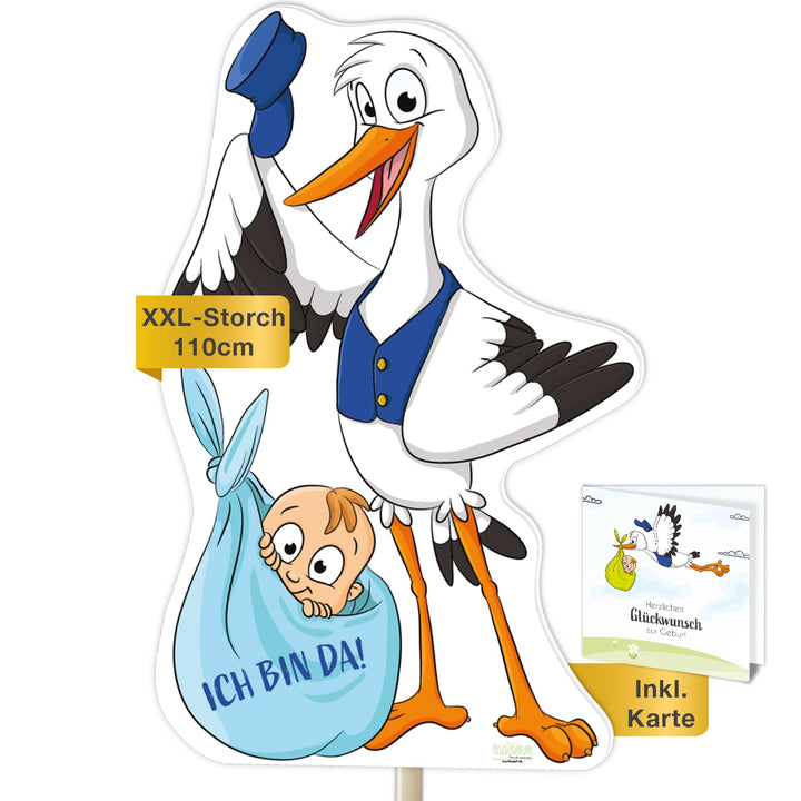 Storch zur Geburt Baby, Junge blau I 110 cm I wetterfest für draussen I Set: Klapperstorch + Stab au