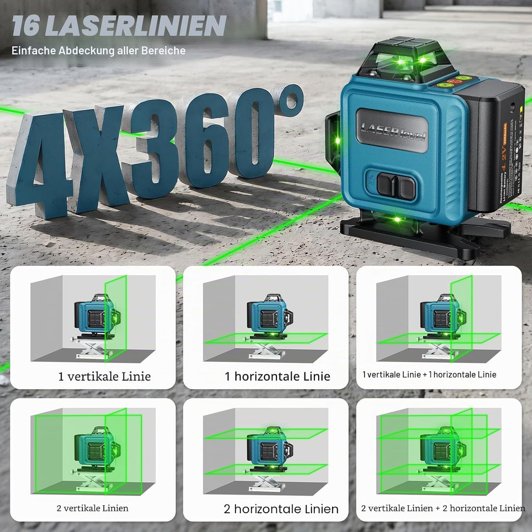 Kreuzlinienlaser Grün mit Stativ, 4 x 360 ° 16 Linien Laser Wasserwaage, Linienlaser Kreuzlaser Selb