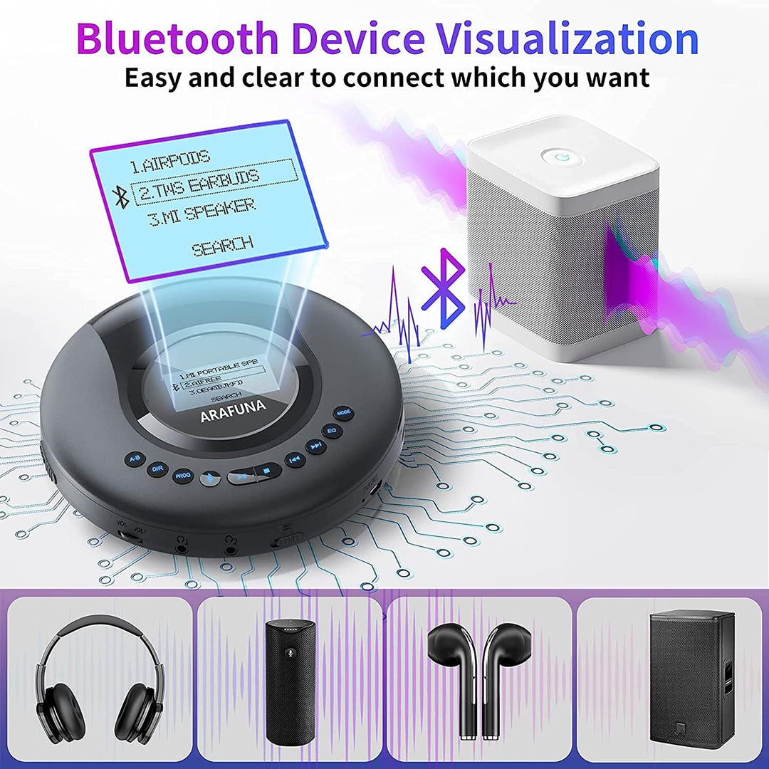 CD Player Tragbar, Arafuna Tragbarer CD Player Bluetooth für Auto und Kinder, 2000mAh wiederaufladba