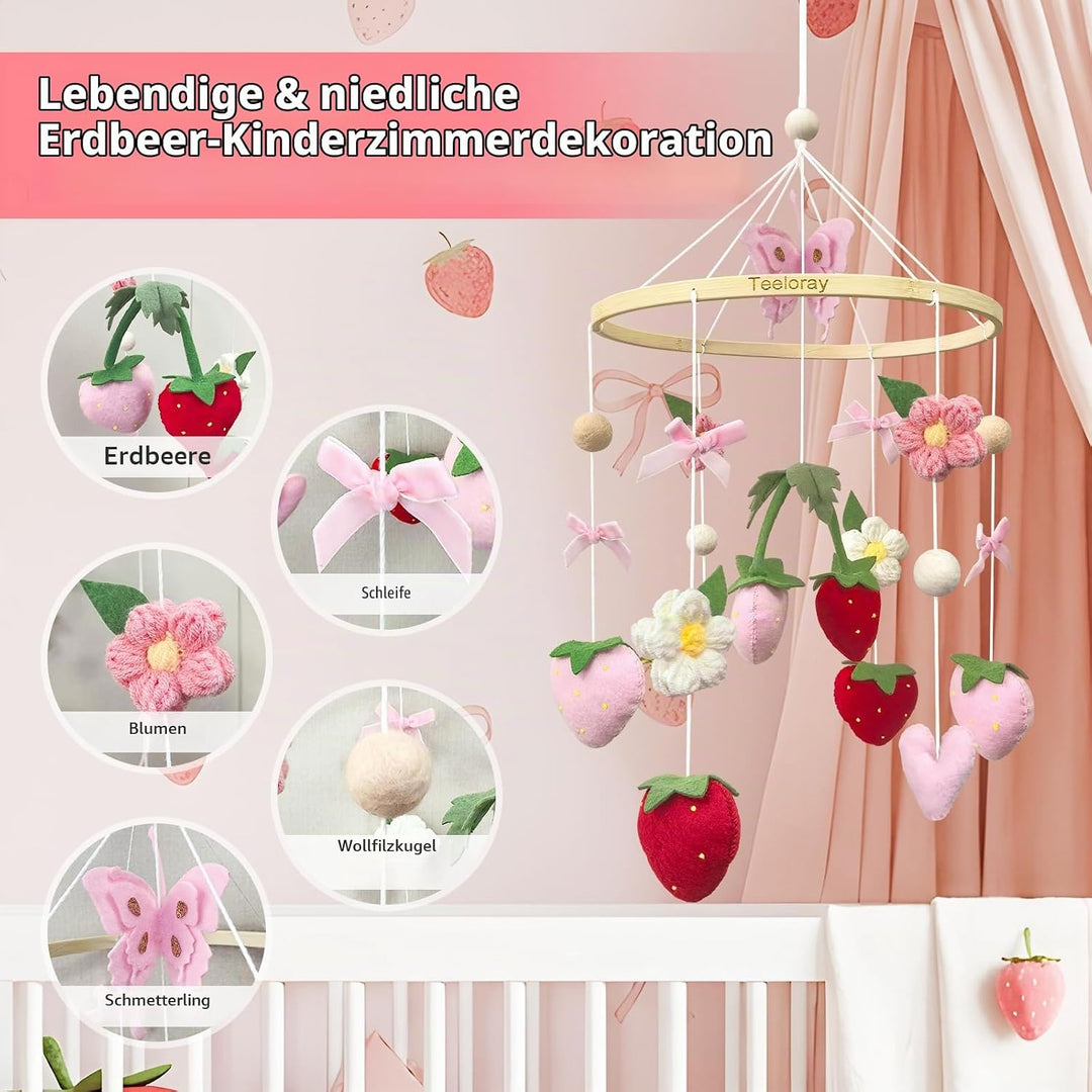 Mobile Baby mit Erdbeere, Blumen und Filzbällen Mädchen baby mobile windspiel für Babybett, Mobile B