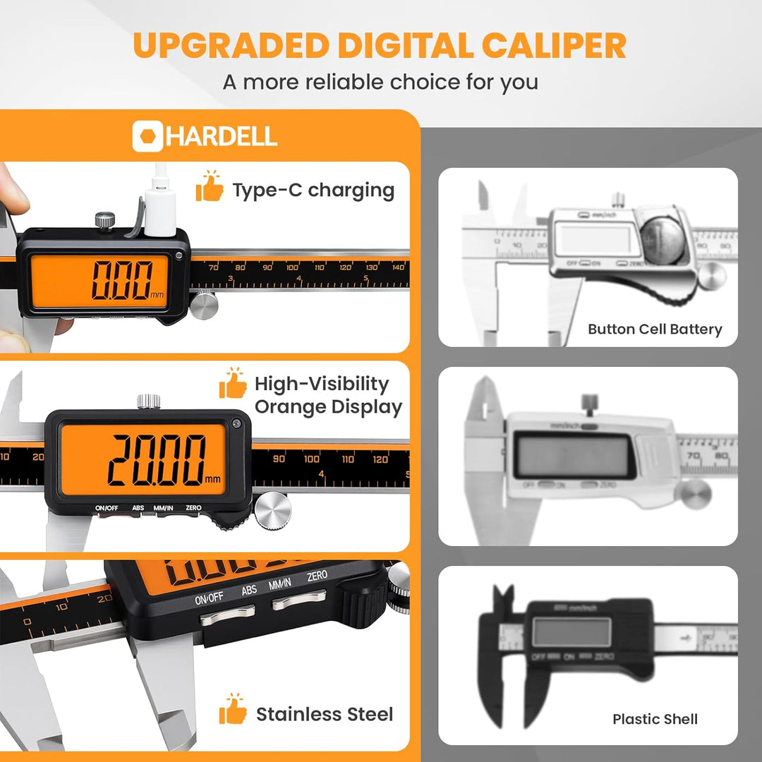 HARDELL Digital Caliper, Rechargeable Digital Caliper with Large Orange Screen - Anti-Glare LCD & AB