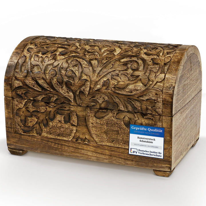 Kunstversteck Schatzkiste Baum des Lebens, massive Holz-Schatulle Dekobox 24x 15 x 15 cm Braun Box B