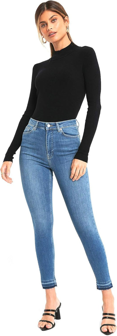 NA-KD Damen Skinny High Waist Open Hem Jeans, Mittelblau, 34 EU