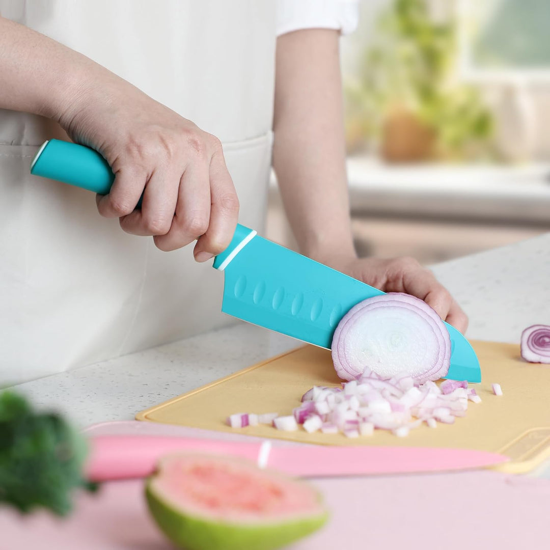 hecef 6 Teilig Messer Set mit Schutz, Küchenmesser Set Bunte Non-Stick, Scharfe Messerset Edelstahl,