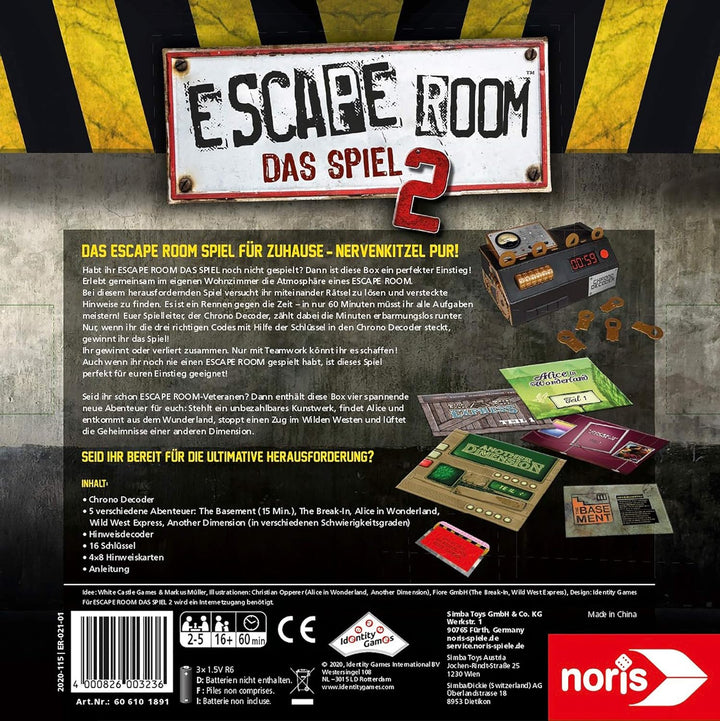 Noris 606101891 Escape Room 2 (Grundspiel) Familien und Gesellschaftsspiel für Erwachsene, inkl. 4 F