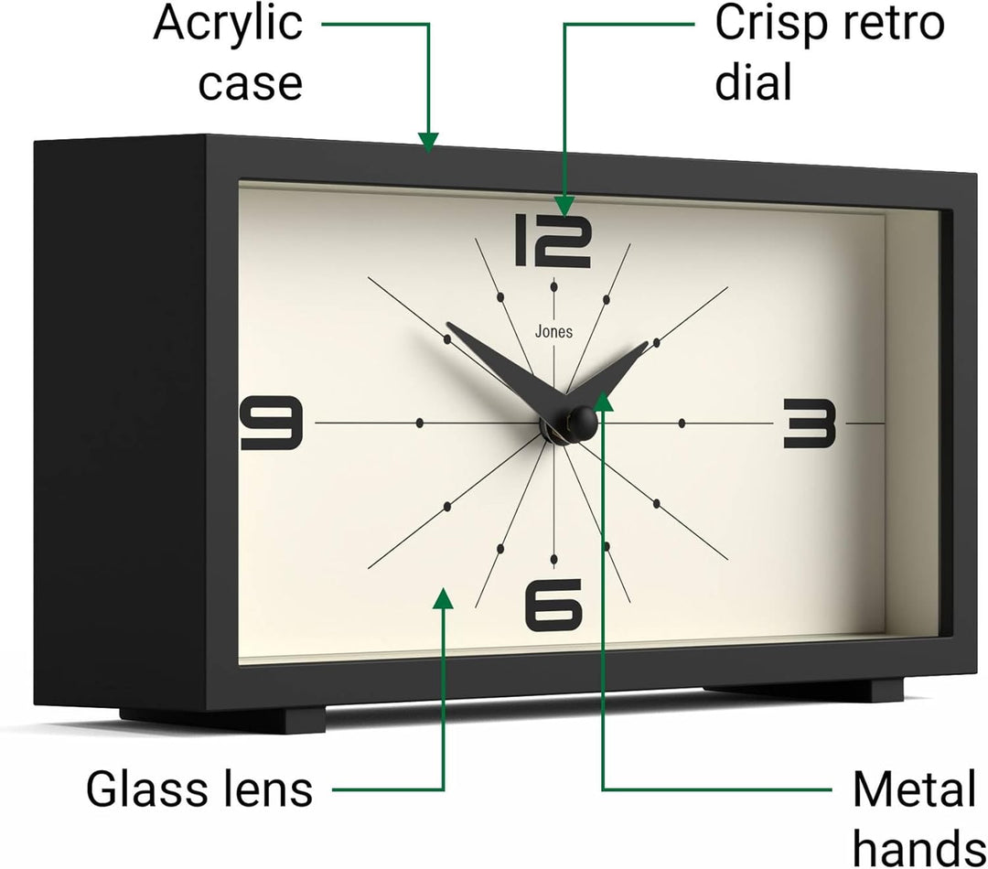 JONES CLOCKS® Schreibtischuhr 'Odeon' – modernes rechteckiges Design in Schwarz, stilvoller Retro-Lo