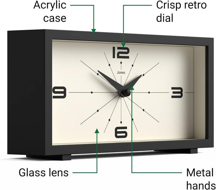 JONES CLOCKS® Schreibtischuhr 'Odeon' – modernes rechteckiges Design in Schwarz, stilvoller Retro-Lo