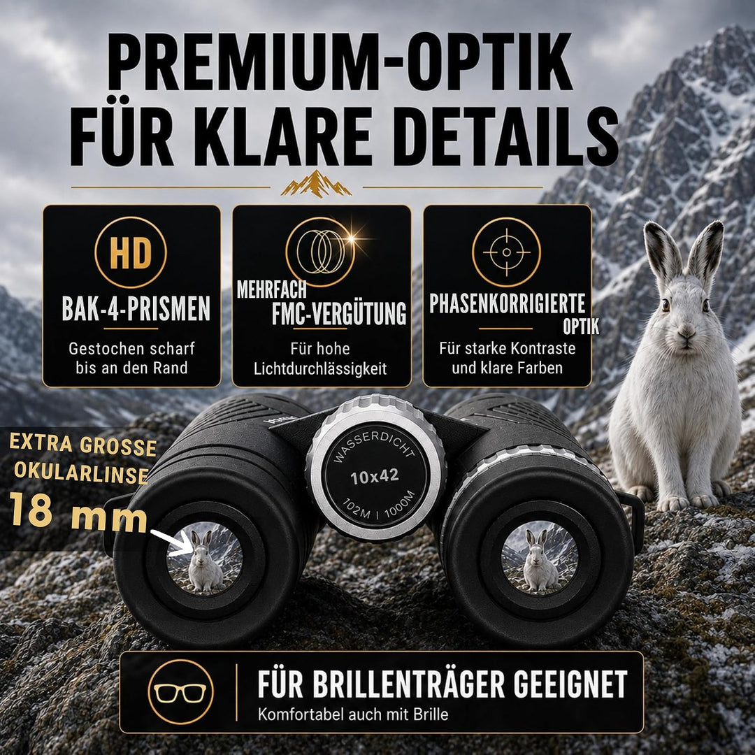 Fernglas 10x42 für Erwachsene – IPX7 wasserdicht, BAK-4-HD-Prisma, FMC-Linsen, phasenkorrigiert, für