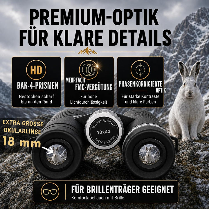 Fernglas 10x42 für Erwachsene – IPX7 wasserdicht, BAK-4-HD-Prisma, FMC-Linsen, phasenkorrigiert, für