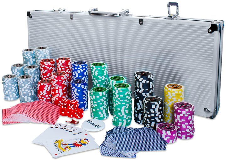Eaxus® Deluxe Pokerkoffer - Hochwertiges Profi Pokerset mit 500 Laser Chips, Kartendecks & Würfeln D