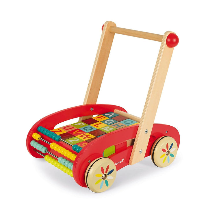 Janod - Tatoo Abc Buggy Wooden Walker for Children - 30 Blocks Included - For children from the Age