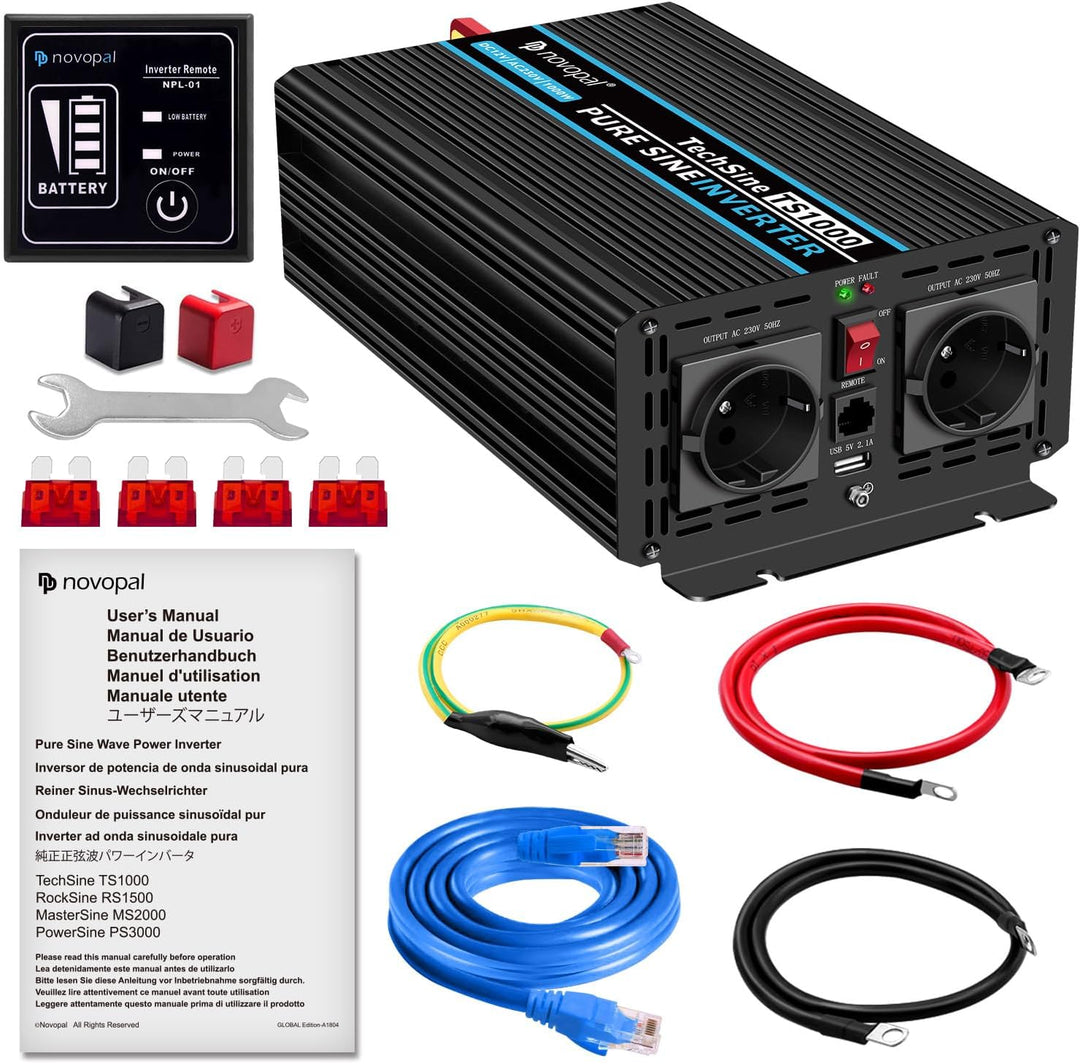 NOVOPAL 1000W Kfz Wechselrichter Spannungswandler -12v 230v Reiner Sinus mit 2 EU Steckdose und USB-