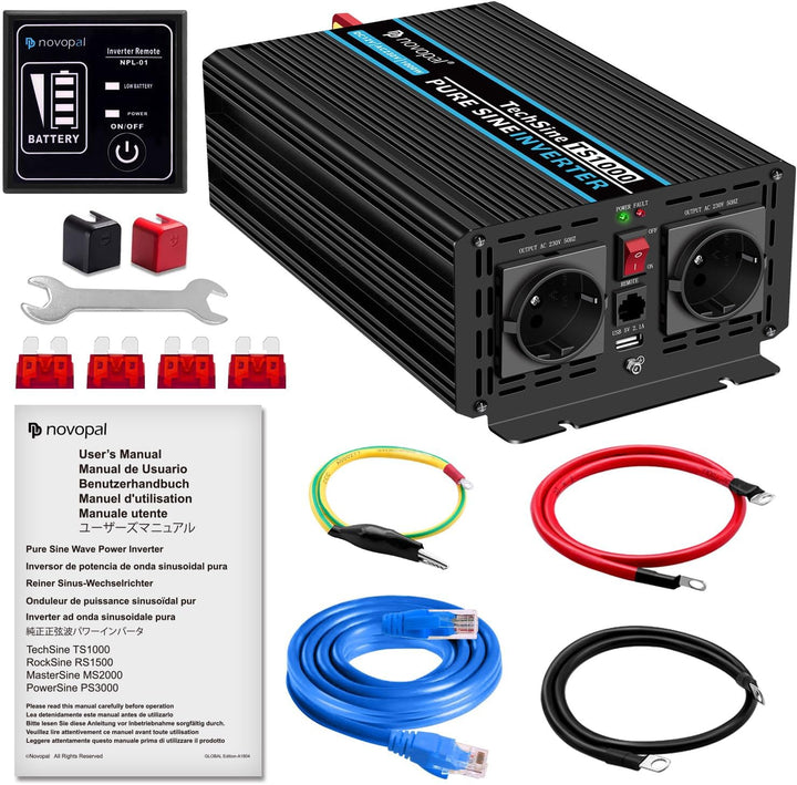 NOVOPAL 1000W Kfz Wechselrichter Spannungswandler -12v 230v Reiner Sinus mit 2 EU Steckdose und USB-
