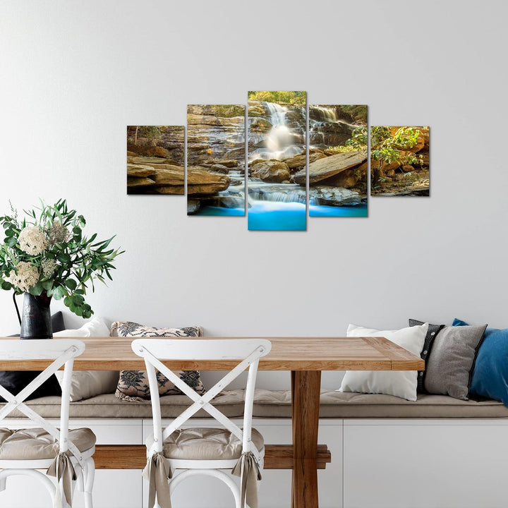 Runa Art Wandbilder Wasserfall 5 Teilig Bild auf Vlies Leinwand Deko Wohnzimmer Schlafzimmer Berge N