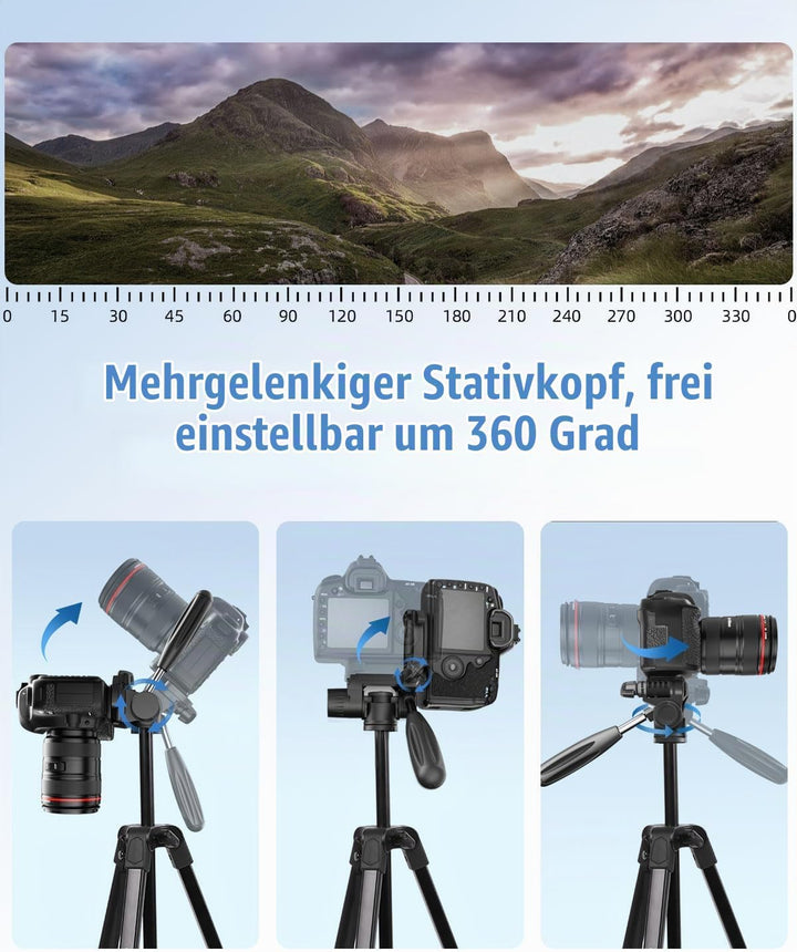 172 cm Leichtes Handy-Stativ, Aluminium-Stativ, Mit 3-Wege-Panoramakopf und Handyhalterung, Geeignet