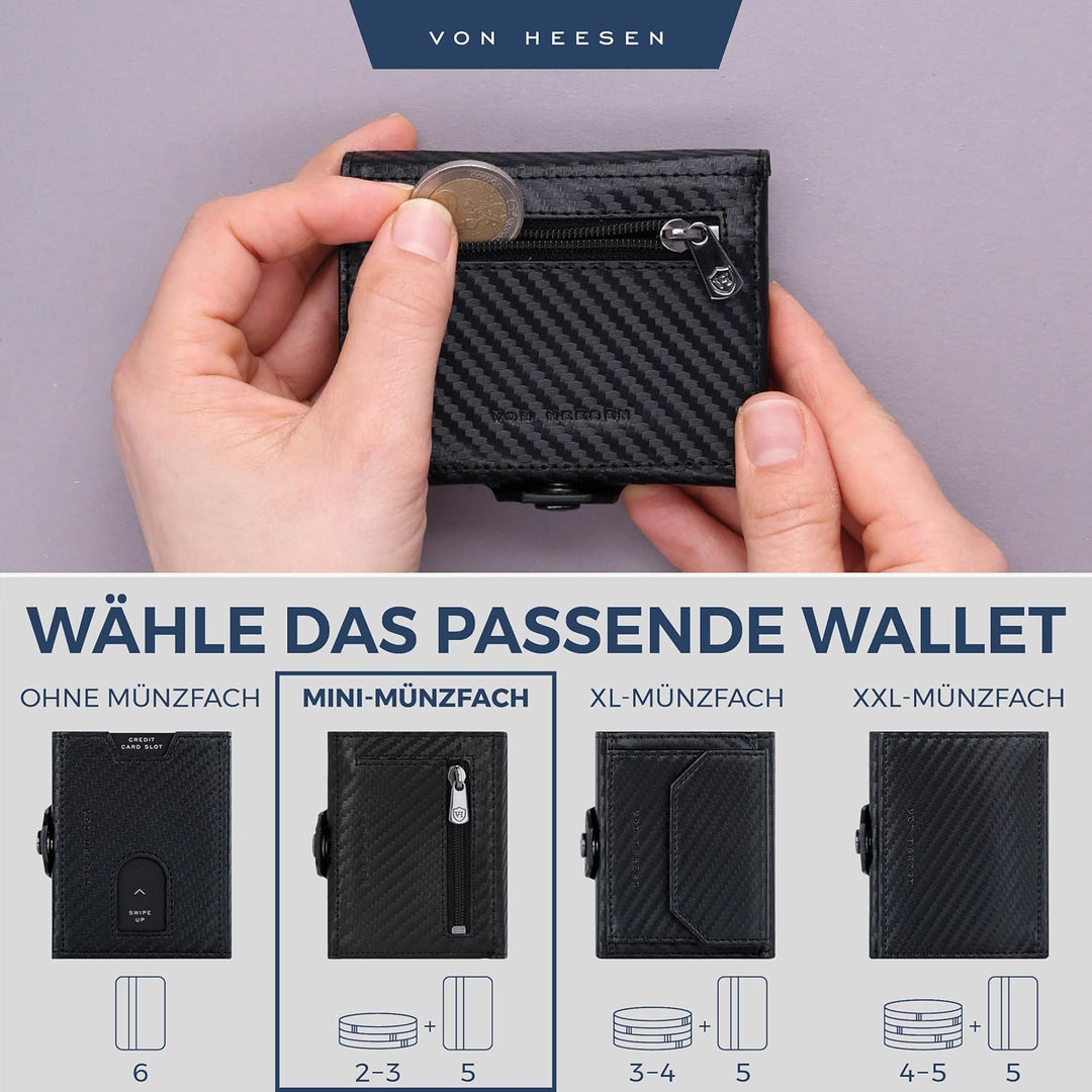 VON HEESEN Slim Wallet mit Münzfach & RFID-Schutz - Mini Geldbörse Herren & Damen - Kartenetui Kredi