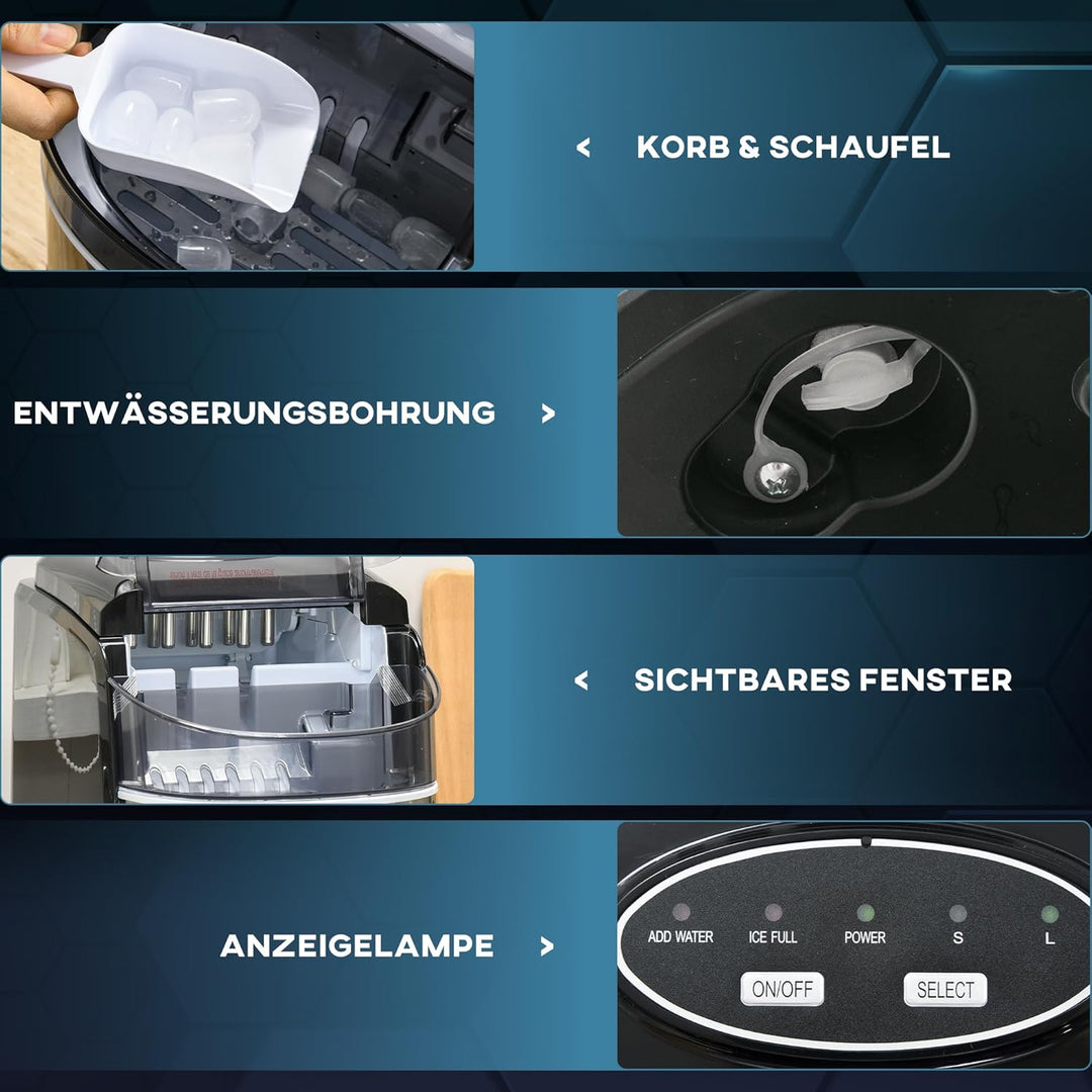 HOMCOM Eiswürfelmaschine Edelstahl, 12 kg 24 Stunden, 9 Eiswürfel in 6-9 Minuten, Verstellbar Würfel