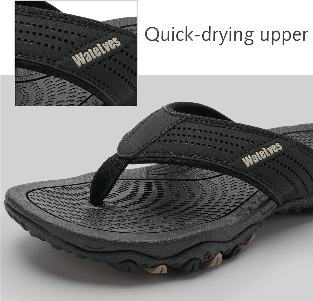 WateLves Herren Flip Flops Zehentrenner Leder mit Arch Support Sandalen Weich Leder Stoff Badelatsch