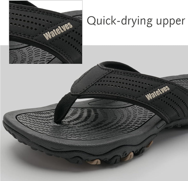 WateLves Herren Flip Flops Zehentrenner Leder mit Arch Support Sandalen Weich Leder Stoff Badelatsch