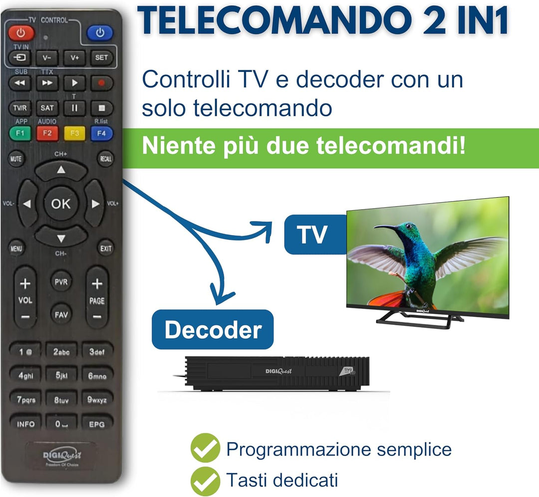 Digiquest Tivùsat Ti9 DVB-S2 Decoder mit Fernbedienung 2 in 1, schwarz, inklusive Tivusat-Karte, Auf