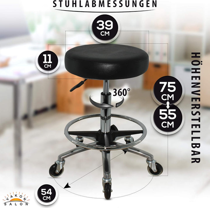 Premium Rollhocker mit Fussring - Höhenverstellbar von 55-75 cm - Rundsitz Drehhocker Arbeitshocker