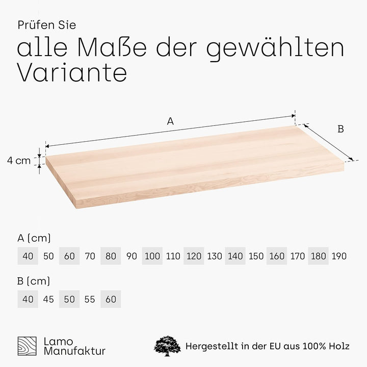 LAMO Manufaktur Waschtischplatte, Holzplatte Waschtisch, 80x40 cm (AxB), Roh, ohne Montageset, LWPG-