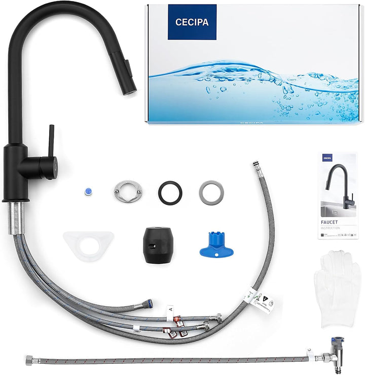 CECIPA Niederdruck Armatur Küche Schwarz, Wasserhahn Küche 3 Anschlüsse mit Hohem Bogen, 360°Schwenk