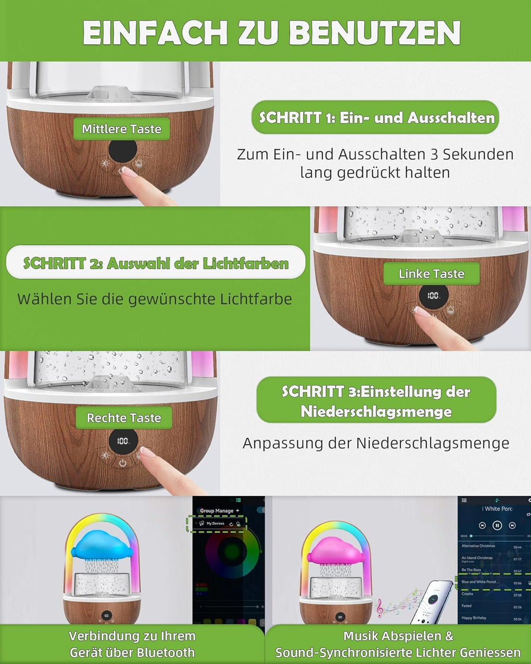 Regenwolken Luftbefeuchter Mit Regenbogenlicht, Weljoy Humidifier Mit Bluetooth-Verbindung Exklusive