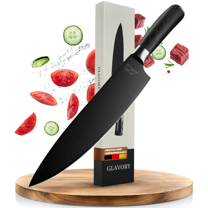 Glavory - Küchenmesser mit schwarzer Klinge und Holzgriff - 20cm Klinge - Kochmesser mit extrem scha