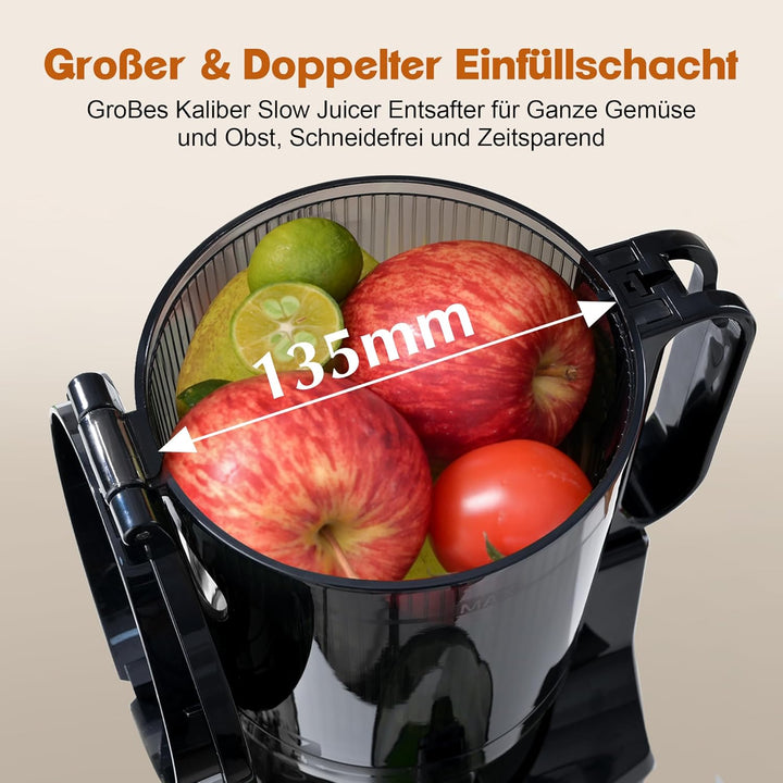 Fretta Entsafter Slow Juicer Testsieger, Entsafter Gemüse und Obst, 135MM Öffnung und 1,8L Juicer Ma