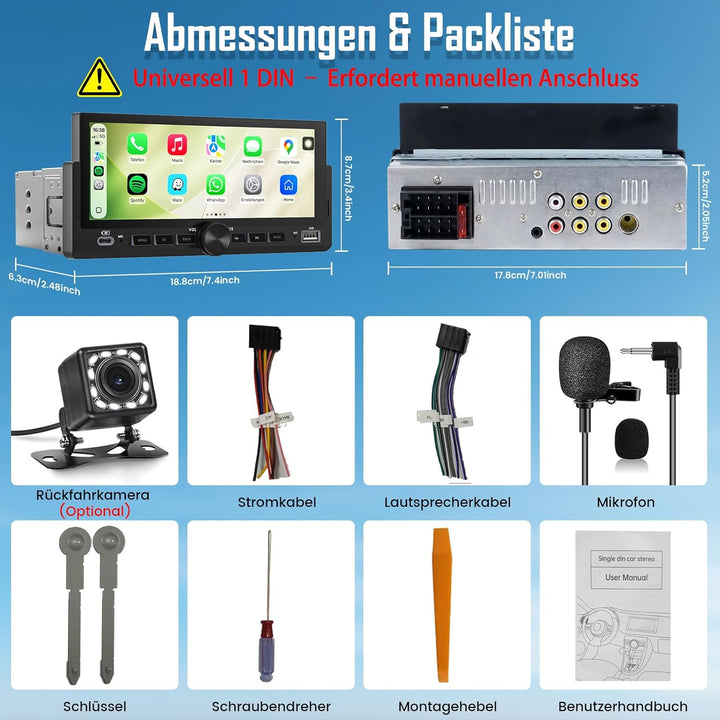 Autoradio 1 DIN mit Wireless CarPlay & Android Auto, Bluetooth Freisprecheinrichtung, FM Radio, Bild