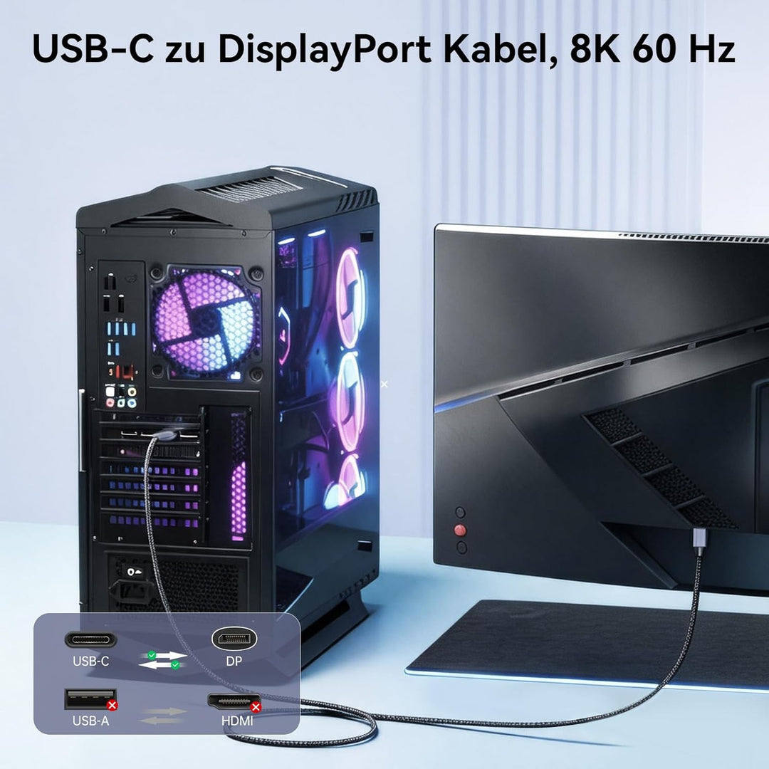 USB C auf DisplayPort Kabel 1.2M, Bidirektional 8K@60Hz, 4K@240Hz, Thunderbolt 3/4/5, DP 1.4, Kompat