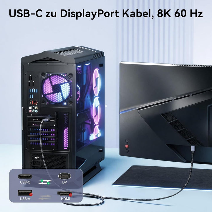 USB C auf DisplayPort Kabel 1.2M, Bidirektional 8K@60Hz, 4K@240Hz, Thunderbolt 3/4/5, DP 1.4, Kompat