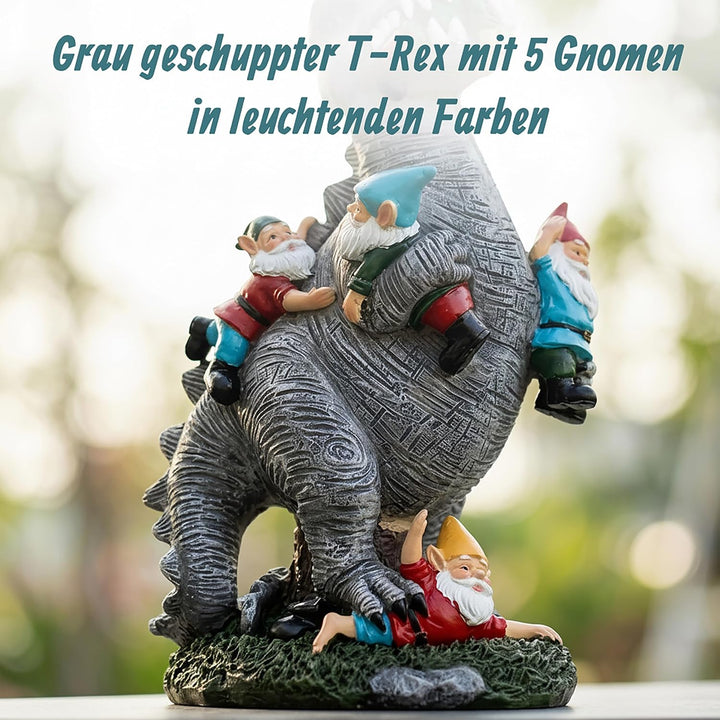 Relaxdays Gartenfigur, Dinosaurier frisst Gartenzwerge, wetterfeste Deko, Kleingarten, Kunstharz, 28