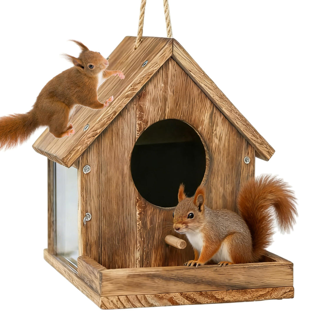 Eichhörnchen-Futterstation aus Holz, Eichhörnchen-Futterstation mit Sichtfenster, einfach zu montier