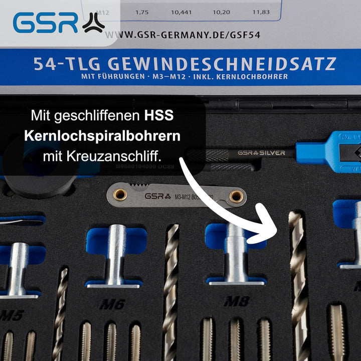 Gewindeschneid-Sortiment M3-M12 HSS, Mit Führungen für Handgewindebohrer und Schneideisen und Kernlo
