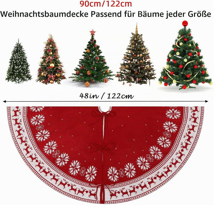 Dremisland Grosse Weihnachtsbaum Rock, 122cm Rot Gestrickte Christbaumdecke mit Schneeflocken Rentie