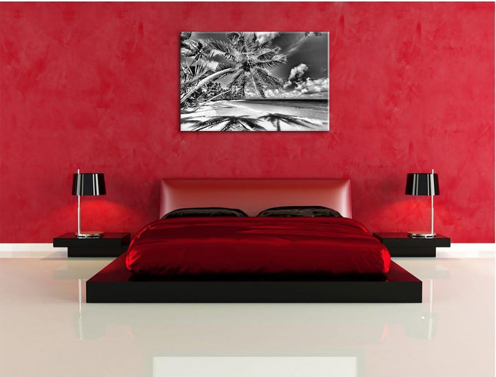 Monocrome, Palmenstrand, Format: 100x70 auf Leinwand, XXL riesige Bilder fertig gerahmt mit Keilrahm