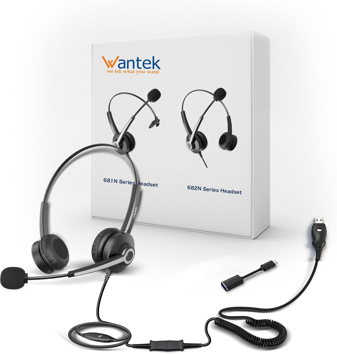 Wantek USB Headset mit Mikrofon für PC Laptop Büro, USB Stecker Typ-C Adapter Für Call Center Online